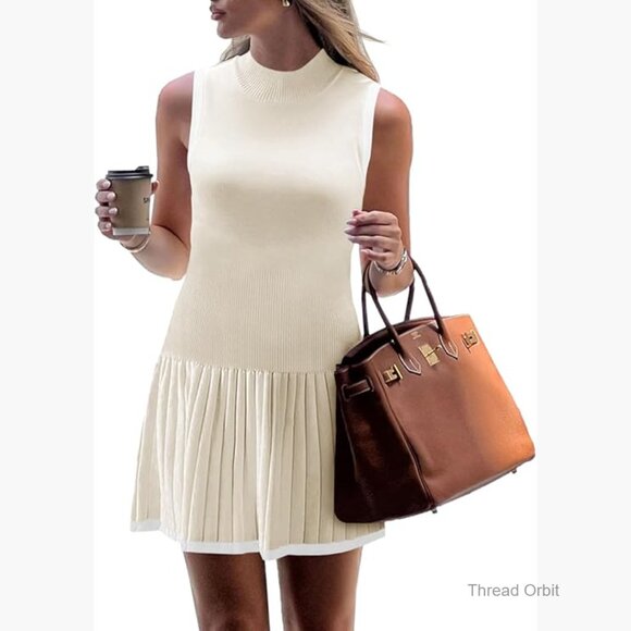 Dresses & Skirts - Sleeveless Mini Dress Mock Neck Ribbed Knit Pleated Casual Summer Tank